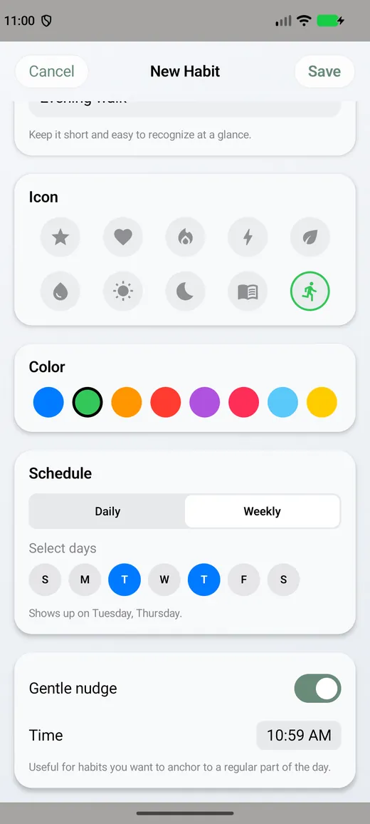 C’mon! New Habit form with name, icon, color, and a frequency setting.