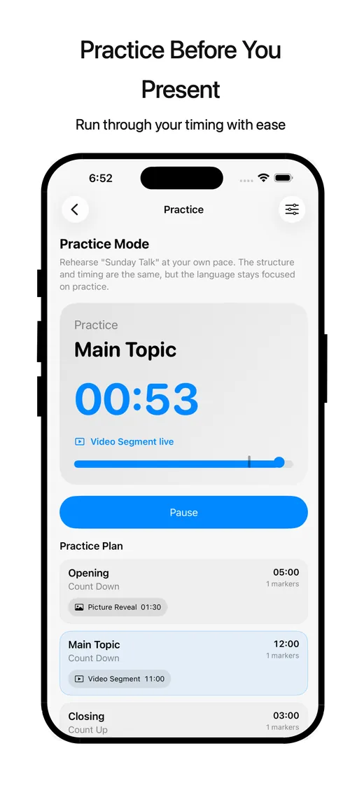 CueDirector Practice Mode with the current segment live.