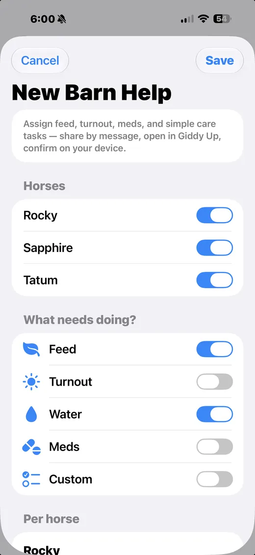 Giddy Up New Barn Help screen with Feed, Turnout, Water, and Meds toggles.