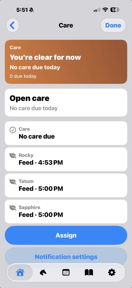 Giddy Up Care screen showing "You’re clear for now" and feed times for three horses.