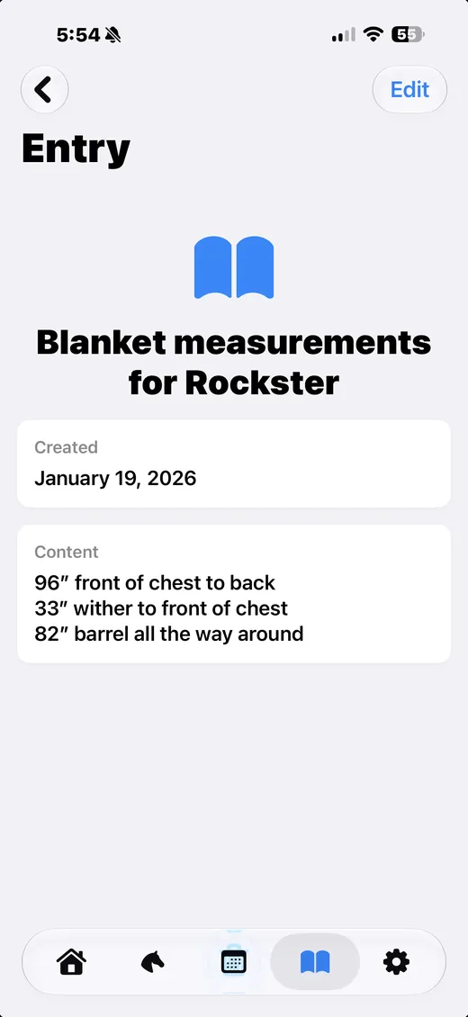 Giddy Up journal entry titled "Blanket measurements for Rockster."