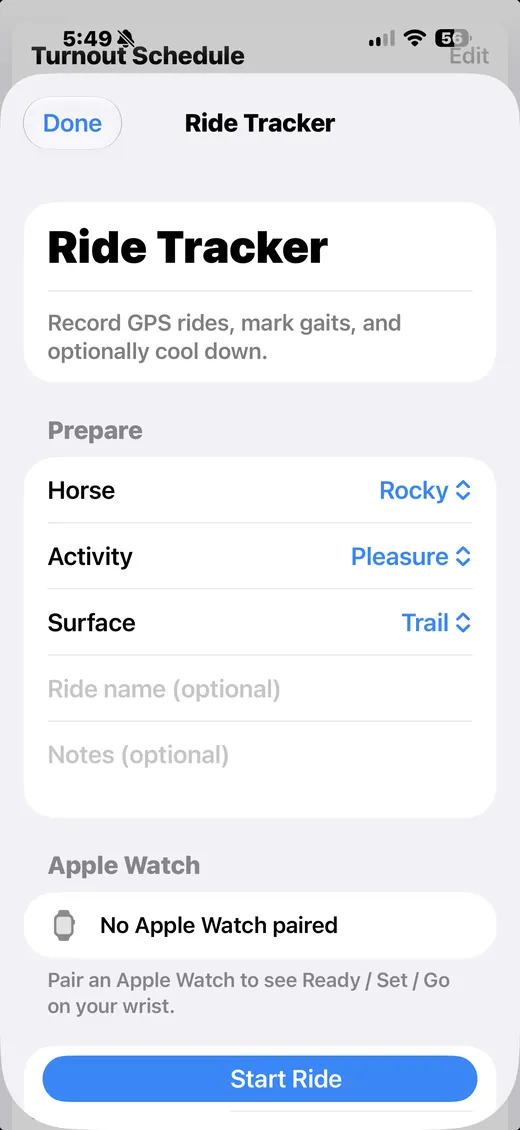 Giddy Up Ride Tracker setup with horse, activity, surface, and a Start Ride button.