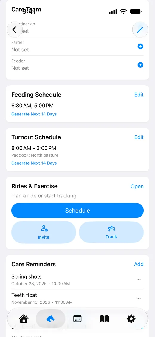 Giddy Up horse care screen with a feeding schedule at 6:30 AM and 5:00 PM, turnout from 8:00 AM to 3:00 PM in the north pasture, and upcoming care reminders.