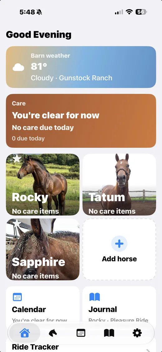 Giddy Up Today screen with barn weather, care status, and a grid of three horses.