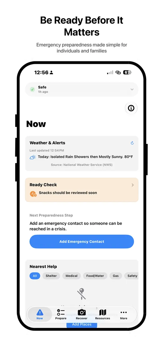 ReadyNow Now tab with Safe status, a weather alert, and the nearest help.