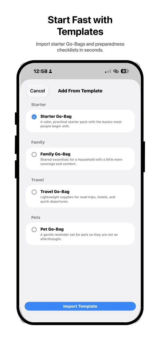 ReadyNow Add From Template list with four go-bag templates.